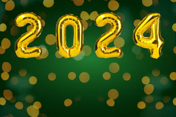 Nyår 2024 Firande Guldgula Foliefärgballonger 2024 Ballonger Grön Bakgrund Parti — Stockfoto