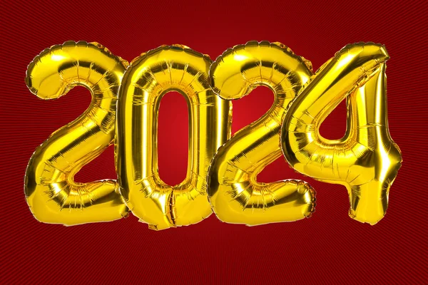2024年新年庆祝活动 金色黄箔彩球 2024个气球 红色背景 周年纪念日 — 图库照片
