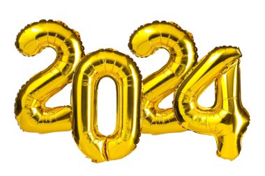 Yeni yıl 2024 kutlaması. Altın folyo renkli balonlar. 2024 balon. İzole edilmiş beyaz arka plan. Parti, tebrik kartı, reklamcılık, yıldönümü..