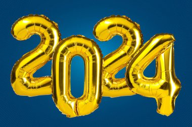 New Year 2024 celebration. Golden Yellow foil color balloons. 2024 balloons. On Blue background. Party, greeting card, Advertising, Anniversary.