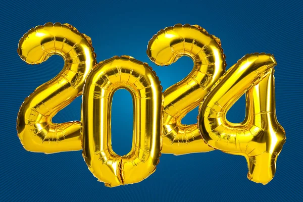 2024年新年庆祝活动 金色黄箔彩球 2024个气球 蓝色背景 周年纪念日 — 图库照片
