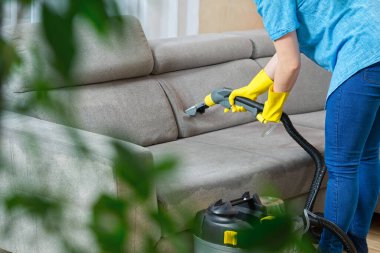Temizlik konsepti. Kadınlar oturma odasında yumuşak mobilyaları yıkarlar. Çalışan mobilyalardan toprağı temizliyor, yakın plan.