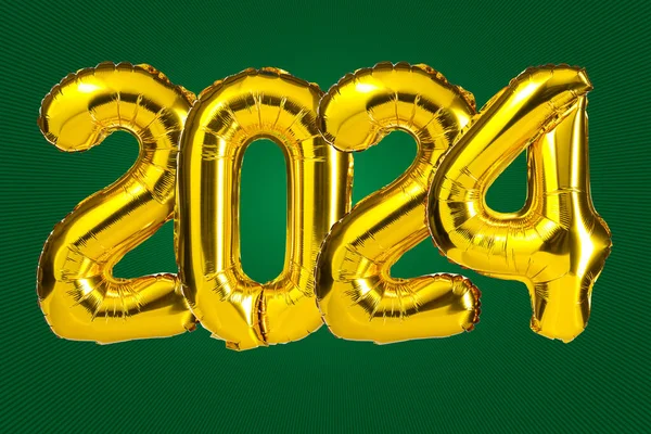2024年新年庆祝活动 金色黄箔彩球 2024个气球 绿色背景 周年纪念日 — 图库照片