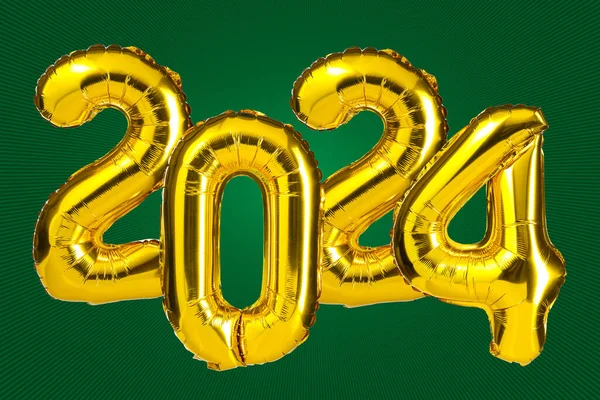 2024年新年庆祝活动 金色黄箔彩球 2024个气球 绿色背景 周年纪念日 — 图库照片