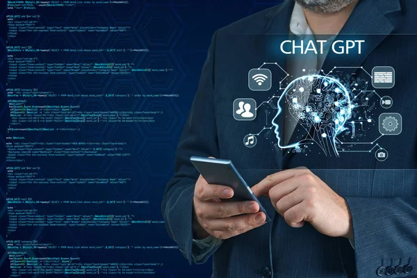 Chat Bot Chat developed with AI Artificial Intelligence. Intelligence Ai Concept. Businessman in a suit using chatbot in his smartphone Futuristic technology