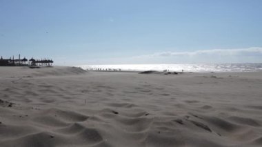 Hollanda, Texel sahilinde kum fırtınası. Rüzgarlı bir günde deniz köpüklü plaj. Den Helder
