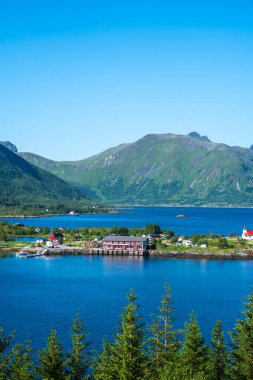 Amazing view at Lofoten islands Austvagoya, Austnesfjorden, Norway. Fjord summer landscape travelers rest area. Nordland, Coastline sea, ocean with mountains in background