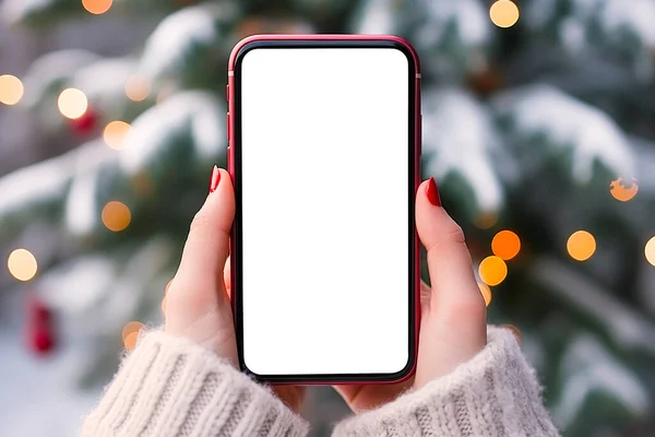 Smartphone Close Mão Dia Noite Inverno Smartphone Com Display Branco Imagens Royalty-Free
