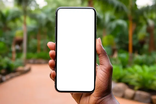 Mano Africana Utilizando Teléfono Inteligente Móvil Fondo Del Bosque Verde — Foto de Stock