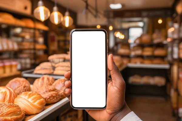 Hombre Africano Sosteniendo Teléfono Inteligente Panadería Smartphone Con Pantalla Blanca — Foto de Stock