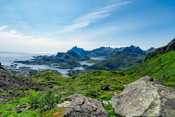 Lofoten Summer Landscape .Lofoten is an archipelago in the county of Nordland, Norway. Is known for a distinctive scenery with dramatic mountains and peaks, sea and ocean.