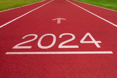 Yıl 2024 konsept, başarı yılı. Metin 2024 ile atletizm pisti. Meydan okuma, kariyer ve değişim kavramı. Yeni yılda spor.