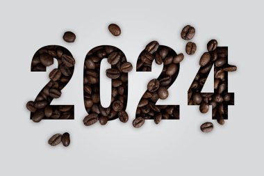 Kahve severler mutlu yıllar 2024 - beyaz kahve çekirdekleri kağıttan kesilmiş, konsept. 2024 yılının modern başlangıcı.