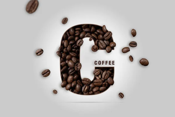 Alfabet Kawy List Nowoczesna Koncepcja Kawy Spadające Palone Ziarna Kawy — Zdjęcie stockowe