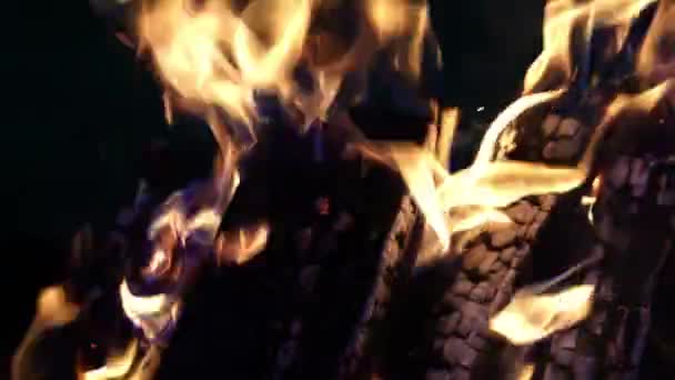 Bbqのためにバーベキューで木を燃やします 暗い背景の火炎 — ストック動画
