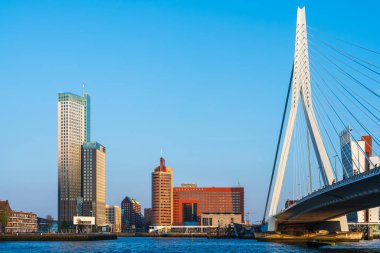 Rotterdam gökdeleni güneşli bir günde. Panoramik manzara. Görkemli Skylines, Rotterdam Şehir Merkezi 'nin Büyüleyici Güzelliği Ortaya Çıktı