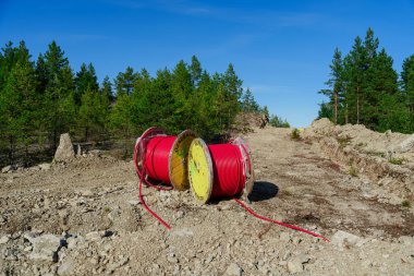 Rüzgar türbinlerini güç şebekesine bağlamak için yüksek voltajlı kablolar yeraltı ormanının içinden geçiyor..