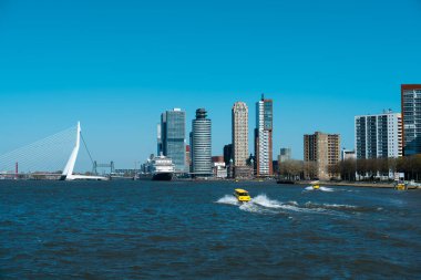 Güzel, güneşli bir günde Rotterdam rıhtımının muhteşem manzarası, ünlü köprü ve hareketli iş merkezi, modern mimari ve kentsel koşuşturma ile çevrili..