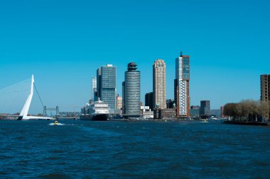 Deniz kıyısında güneşli bir günde ünlü köprü ve modern iş merkezinin yer aldığı Rotterdam şehir manzarasının güzel yansımaları.
