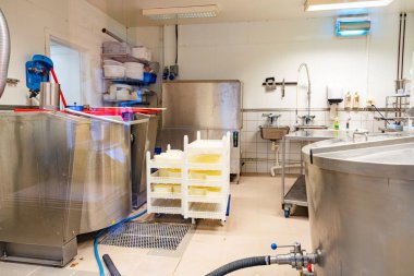 Küçük ölçekli bir zanaatkar peynir tesisinde üretim sürecinde kullanılan profesyonel ekipmanlar, yüksek kaliteli peynir üretiminin detaylarına olan bağlılığını ve önemini göstermektedir..