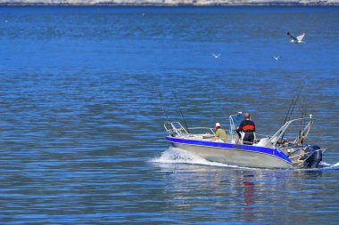 Alüminyum bir teknede, arka planda kristal berrak sularla Norveç Denizi 'nde gezinen balıkçılar ve çarpıcı dağlar, keşif ve macera manzarası yaratıyorlar..
