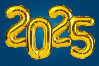 Yeni yıl 2025 kutlaması. Altın folyo renkli balonlar. 2025 balon. Mavi arka planda. Parti, tebrik kartı, reklamcılık, yıldönümü..