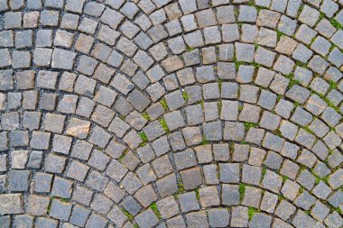 Büyüleyici bir kaldırım taşı caddesinde renkli binalarla kaplı gri taşlardan oluşan dairesel bir desen sergileniyor. Yabani otlar çatlakların arasından bakıp bu tarihi sahneye doğanın bir dokunuşunu ekliyor.