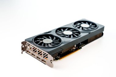 The graphics processing unit, or GPU, is vital for video rendering and graphics tasks. It boosts gaming performance and frame rates, featuring three cooling fans in a sleek black and gray design. clipart