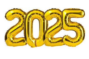 Yeni yıl 2025 kutlaması. Altın folyo renkli balonlar. 2025 balon. İzole edilmiş beyaz arka plan. Parti, tebrik kartı, reklamcılık, yıldönümü..