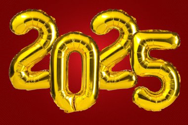 Yeni yıl 2025 kutlaması. Altın folyo renkli balonlar. 2025 balon. Kırmızı arka planda. Parti, tebrik kartı, reklamcılık, yıldönümü..