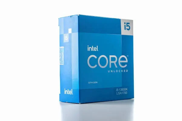 stock image December 2023, Tallinn, Estonia. Intel I5. This is an image of a processor box with a sleek blue and white color scheme. The box is prominently isolated on a pure white background, showcasing its