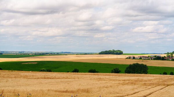 The image depicts a panoramic view of the countryside, featuring golden wheat fields in the foreground, scattered trees, and a distant blue sky with fluffy white clouds, all captured from a high angle