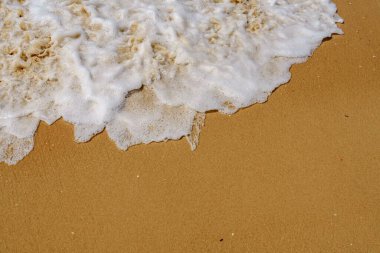 Bu görüntü yumuşak bir deniz dalgasını yakalar açık kahverengi kumlu bir plajda hafifçe süzülür ve görünürde hiç ayak izi yoktur. Beyaz, köpüklü dalga sakin ve sakin bir atmosfer yaratır..