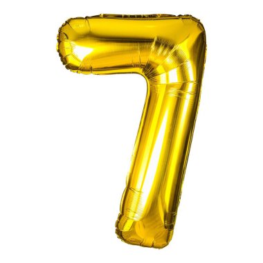 Beyaz bir zemin üzerinde izole edilmiş yedi numaralı parlak folyo balonu doğum günü partileri, yıldönümleri ve özel etkinlikler için idealdir. Her kutlamaya zarafet katmak için mükemmel..