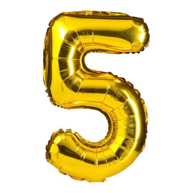 Beyaz arka planda, doğum günleri ve kutlamalar için ideal, parlak, altın renkli bir beş numaralı balon sergilenir. Bu şenlikli dekorasyon her olaya modern bir dokunuş katıyor..