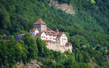 Lihtenştayn 'da yemyeşil ve dağlarla çevrili bir tepeye tünemiş Vaduz Kalesi' nin güzel bir manzarası. Tarih ve doğanın mükemmel bir karışımı, seyahat ve fotoğrafçılık için ideal..