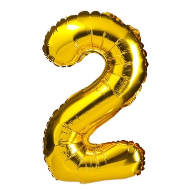 Parlak, altın rengi iki numaralı balon, beyazda izole edilmiş. Doğum günleri, düğünler ve mezuniyetler için ideal. Parti dekorasyonunu bu canlı yıldönümü kutlamasıyla güçlendir.