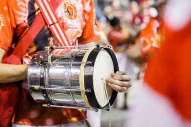 Technical Rehearsal of the Estacio de Sa Samba School in Rio de Janeiro, Brazil - January 21, 2023: Drums of the Estacio de Sa Samba School at the Sambodromo da Marques de Sapucai in Rio de Janeiro.