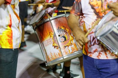 Technical rehearsal of the Unidos de Bangu samba school in Rio de Janeiro, Brazil - January 21, 2023: Drums of the Unidos de Bangu samba school, at the Sambodromo da marques de sapucai in Rio de Janeiro.