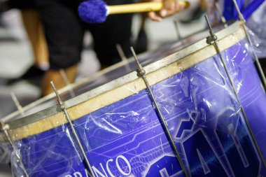 Technical rehearsal of the samba school Arranco do Engenho de Dentro in Rio de Janeiro, Brazil - January 21, 2023: Drums of the samba school Arranco do Engenho de Dentro, on the marques de sapucai in Rio de Janeiro.