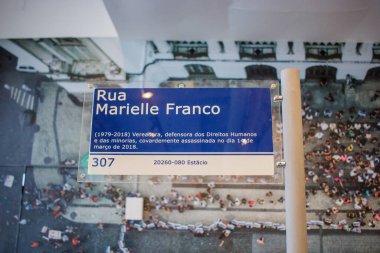 Marielle Franco 'nun Rio de Janeiro, Brezilya' daki plaketi - 23 Mart 2023 Rio de Janeiro Marielle Franco 'da öldürülen meclis üyesinin anısına.