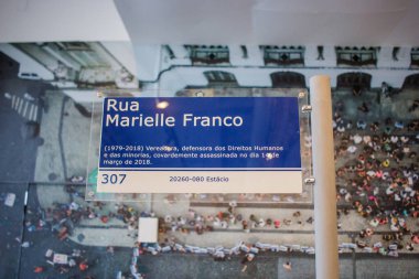 Marielle Franco's plaque in Rio de Janeiro, Brazil - March 23, 2023: Plaque in honor of the councilor murdered in Rio de Janeiro Marielle Franco. clipart