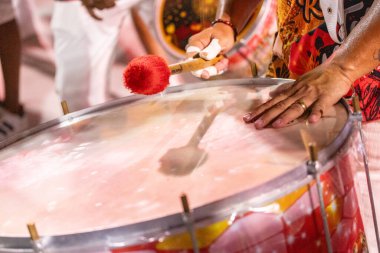 Drums at the Porto da Pedra Samba School in Rio de Janeiro, Brazil - January 7, 2024: Details of the technical rehearsal of the drums at the Porto da Pedra samba school. clipart