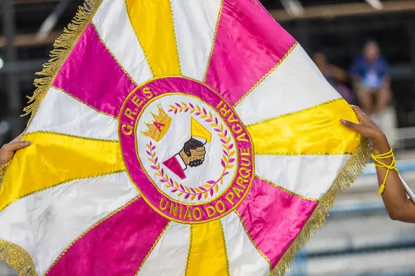 Rio de Janeiro, Brezilya 'daki Uniao Parque Acari samba okulu - 26 Ocak 2025: Sambadrome' daki geçit töreni sırasında Uniao Parque Acari bayrağı