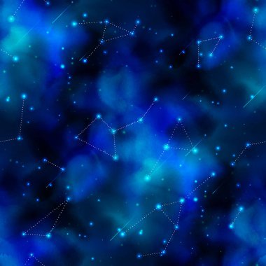 Endless Texture of Cosmic Universe. Night Sky with Constellations, Nebulas, Comets, Stars, Planets etc. Decorative Design for Prints, Fabrics, Wallpapers etc. Seamless Pattern. Vector illustration