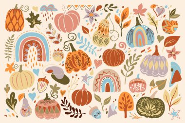 Big Collection of Autumn Plants, Pumpkins Designs. Rainbows, Apple, Pear, Acorns, Lot of Leaves and Deco Elements. Elegant Natural Motifs. Hand Drawn Style. Vector Illustration