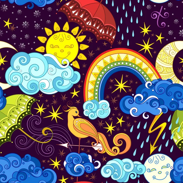 Fairytale Weather Forecast Seamless Pattern Endless Texture Sun Moon Rainbow — Stock Vector