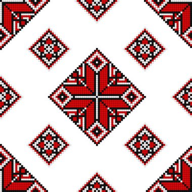 Cross-Stitch EmbroideriedSeamless Pattern with Ornate Element. Ethnic Motif, Handmade Stylization. Traditional Ukrainian Red and Black Embroidery. Ethnic Design Element. Vector 3d Illustration