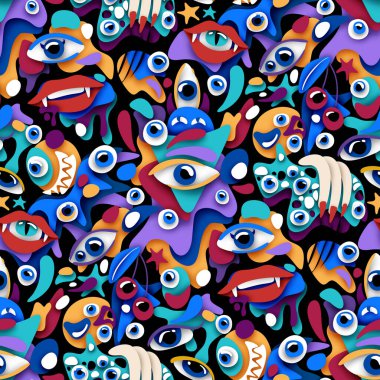 Psyhodelical Pattern with Thousand Eyes Looking Into the Soul, Witchcraft Vibes. Surreal Design on Black. Pop Art Cartoon Style with Stains. Seamless Pattern, Endless Texture. Vector 3d Illustration