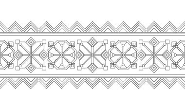 Seamless Border with Ornamental Composition Inspired by Ukrainian Traditional Embroidery. Ethnic Motif, Handmade Craft Art. Ethnic Design Element. Coloring Book Page. Vector Contour Illustration